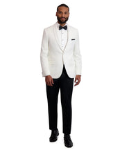 Load image into Gallery viewer, Man wearing a white tuxedo with black pants on a white background