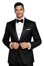 Load image into Gallery viewer, Man wearing a black tuxedo with a bow tie on a white background