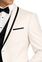 Load image into Gallery viewer, Close-up of a ivory tuxedo with black lapels and bow tie on a white background