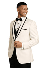 Load image into Gallery viewer, Man wearing an ivory tuxedo with black trim lapels and bow tie on a white background