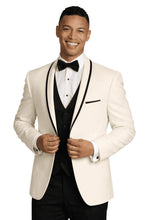 Load image into Gallery viewer, Man wearing an ivory tuxedo with black trim lapels and bow tie on a white background