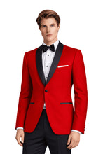 Load image into Gallery viewer, Man wearing a red tuxedo with black lapels and bow tie on a white background