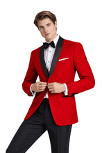 Load image into Gallery viewer, Man wearing a red tuxedo with black lapels and bow tie on a white background