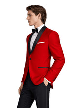 Load image into Gallery viewer, Man wearing a red tuxedo with black lapels and bow tie on a white background