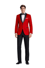 Load image into Gallery viewer, Man wearing a red tuxedo with black lapels on a white background