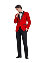 Load image into Gallery viewer, Man wearing a red suit with black lapels on a white background