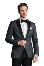 Load image into Gallery viewer, Man wearing a steel gray peak tuxedo with a white shirt and black bow tie on a white background