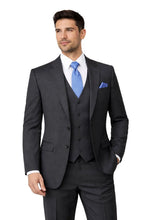 Load image into Gallery viewer, Man wearing a gray suit with a blue tie and pocket square on a white background