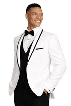 Load image into Gallery viewer, Man wearing a white tuxedo with black lapels and bow tie on a white background