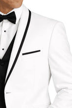 Load image into Gallery viewer, White tuxedo with black lapels and bow tie on a white background