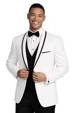 Load image into Gallery viewer, Man wearing a white tuxedo with black lapels and bow tie on a white background