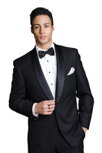 Load image into Gallery viewer, Man wearing a black shawl tuxedo with a bow tie on a white background