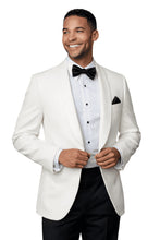 Load image into Gallery viewer, Man wearing a white tuxedo with a black bow tie on a white background