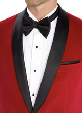 Load image into Gallery viewer, Red tuxedo with black lapels and a black bow tie on a white background