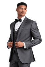 Load image into Gallery viewer, Man wearing a gray tuxedo with a black bow tie on a white background