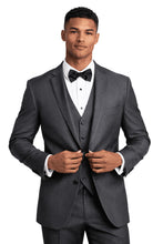 Load image into Gallery viewer, Man wearing a gray tuxedo with a bow tie on a white background
