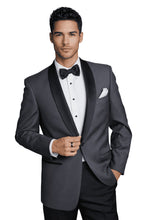 Load image into Gallery viewer, Man wearing a gray tuxedo with a white shirt and black bow tie on a white background