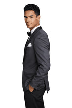 Load image into Gallery viewer, Man wearing a gray tuxedo with a bow tie on a white background