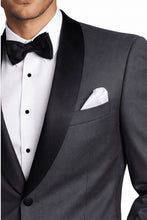 Load image into Gallery viewer, Gray and black tuxedo with white shirt and bow tie on a plain background