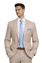 Load image into Gallery viewer, Man wearing a beige suit with a light blue tie and pocket square on a white background