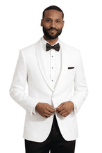 Load image into Gallery viewer, Man wearing a white tuxedo with a black bow tie on a white background