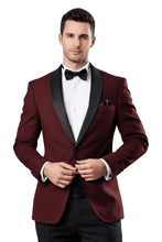 Load image into Gallery viewer, Man wearing a burgundy tuxedo with black lapels and bow tie on a white background