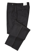 Load image into Gallery viewer, A pair of black tuxedo pants with flat-front pleats and a satin bead stripe on the side.