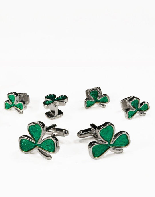 Irish Shamrock in Silver Cufflink and Stud Set - Tuxedo Club