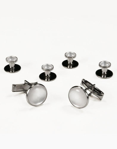 White on Silver Metal Studs and Cufflinks Set - Tuxedo Club