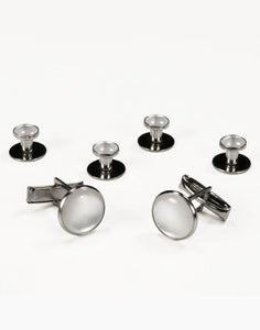 White on Silver Metal Studs and Cufflinks Set - Tuxedo Club